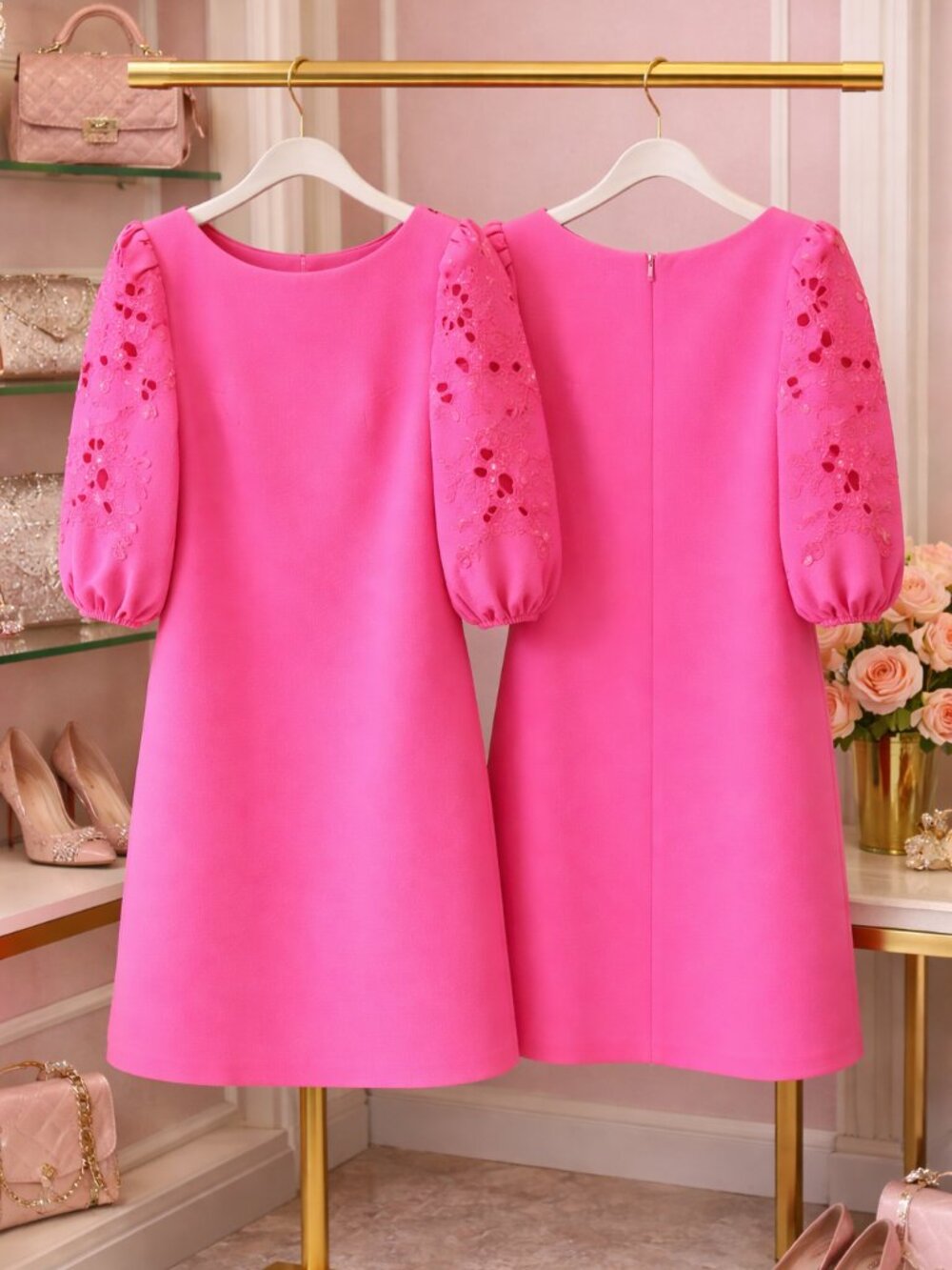 Hot Pink Statement Mini Dress Vince Camuto Eyelet Sleeve NWT - Picture 11 of 11